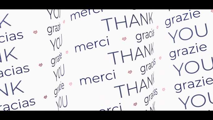 谢谢的话，移动循环视频。无尽的电影，西班牙语，法语和意大利语感谢词。文字动画无缝介绍感谢和欣赏。