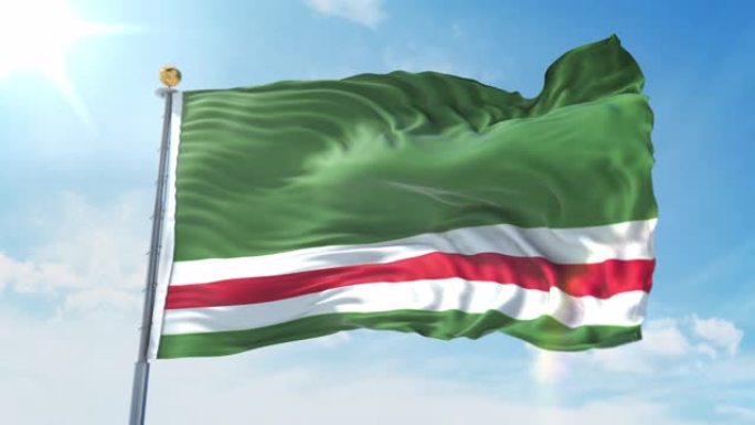 车臣共和国的国旗在深蓝色的天空中迎风飘扬。国家主题，国际理念。3D渲染无缝循环4K