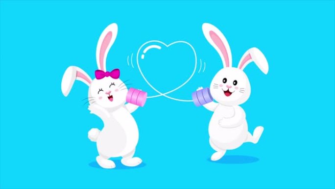可爱的卡通兔子角色，男孩和女孩在锡罐电话上聊天。