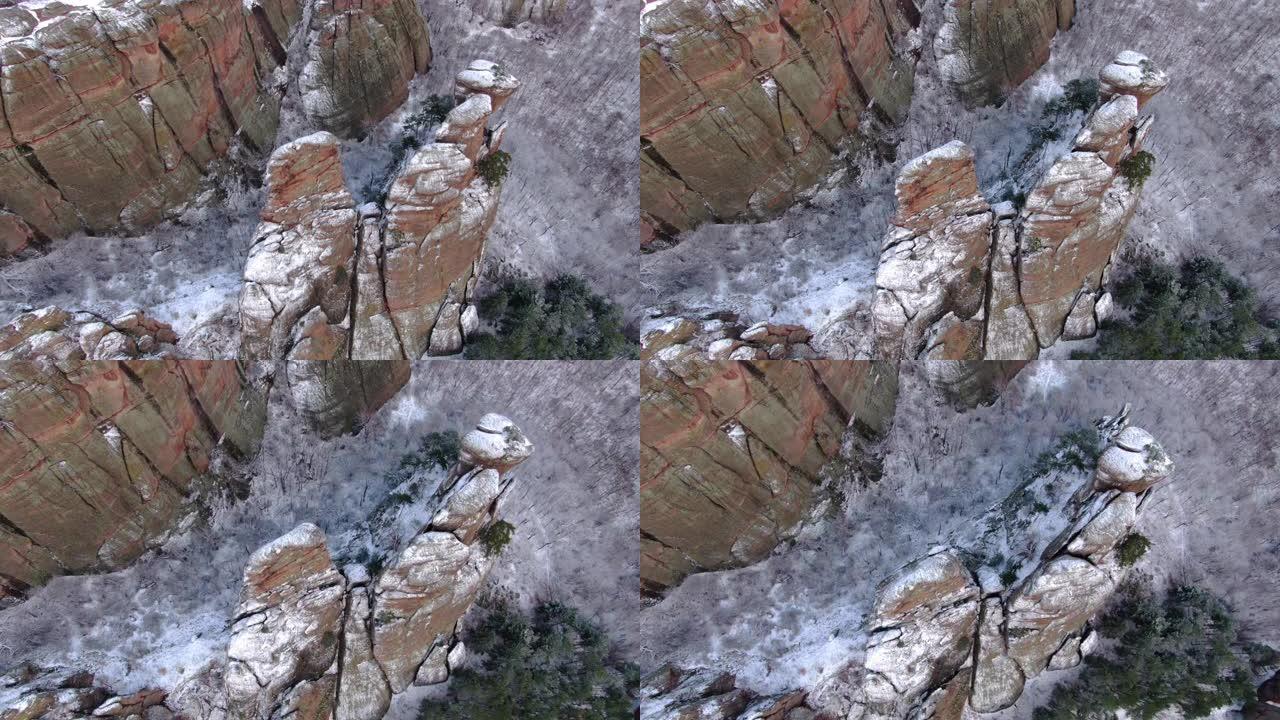 俯视图无人机拍摄的岩石地层和积雪覆盖的树木