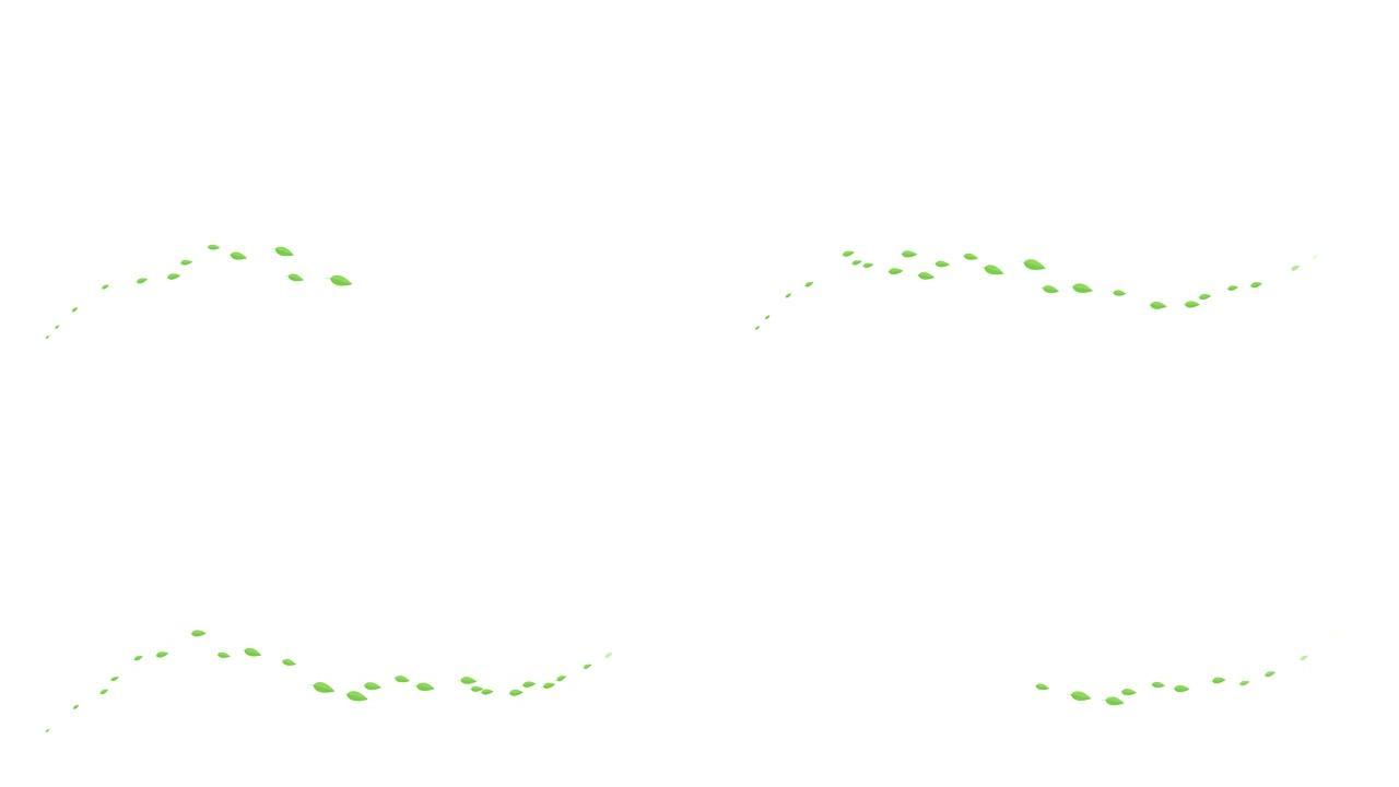 动画绿叶从左到右飞行。白色背景上的一股飞叶。