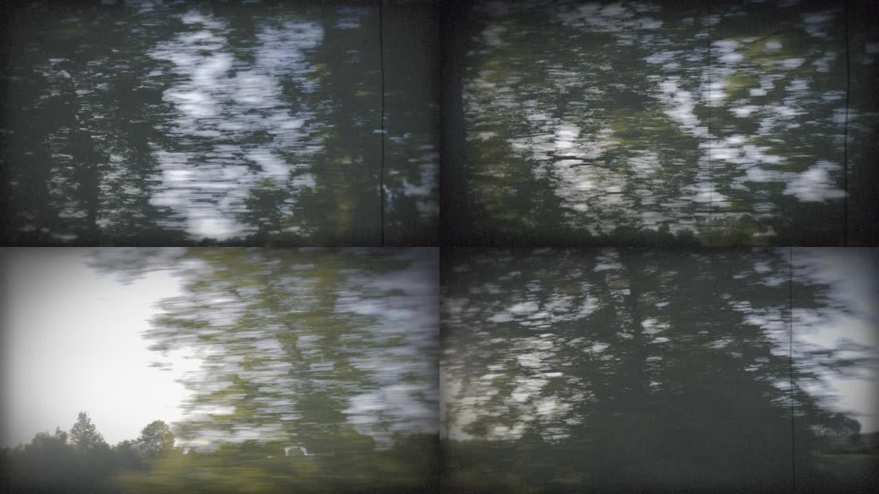 老式驾驶-在乡村道路上驾驶-手持POV拍摄，从汽车的侧窗中取出-老式风格/旧电影外观/旧电影放映机-
