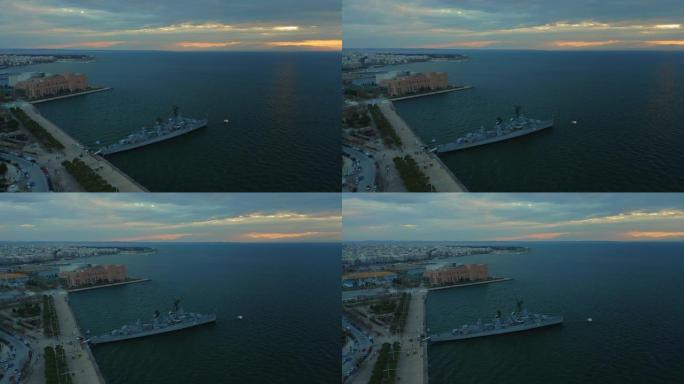 下午和黄昏时塞萨洛尼基和海滨的鸟瞰图