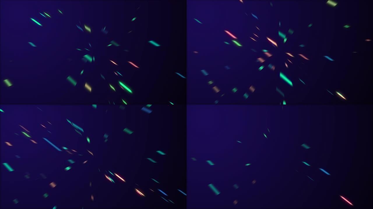 彩色的bokeh颗粒 (如五彩纸屑或亮片) 漂浮在空间中，并在景深的光线中闪烁。