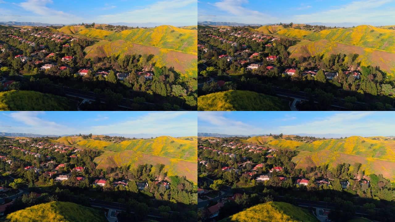 美国加利福尼亚州洛杉矶县圣莫尼卡山脉的卡拉巴萨斯市。航拍视频，平移摄像机运动。