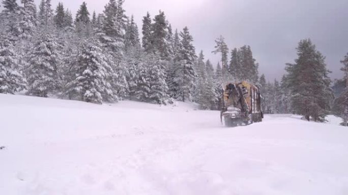 木材工业。运输卡车在积雪覆盖的道路上行驶，第一场雪落下。