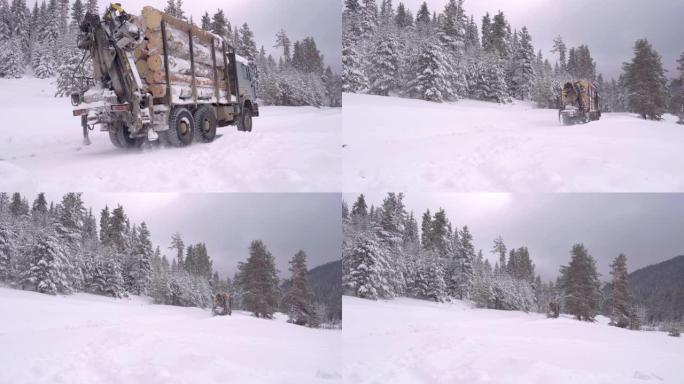木材工业。运输卡车在积雪覆盖的道路上行驶，第一场雪落下。