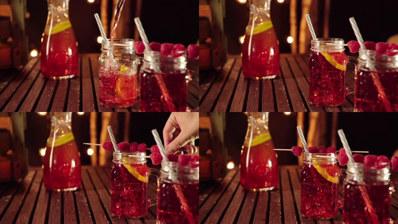在梅森罐玻璃杯中填充新鲜的自制柠檬水