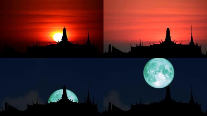 夕阳红的天空和月亮升起的背云和剪影佛教寺庙