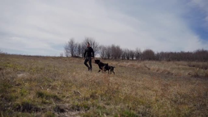 宠物主人在草地上训练他的守护犬