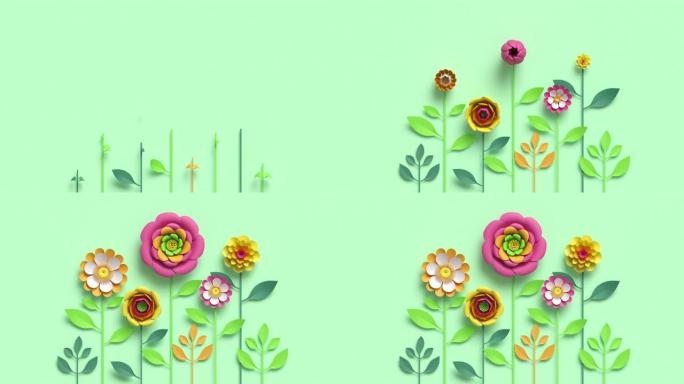 五颜六色的纸花和绿叶生长，出现在柔和的薄荷背景上。装饰插花，春季花束diy工艺项目。节日植物背景。
