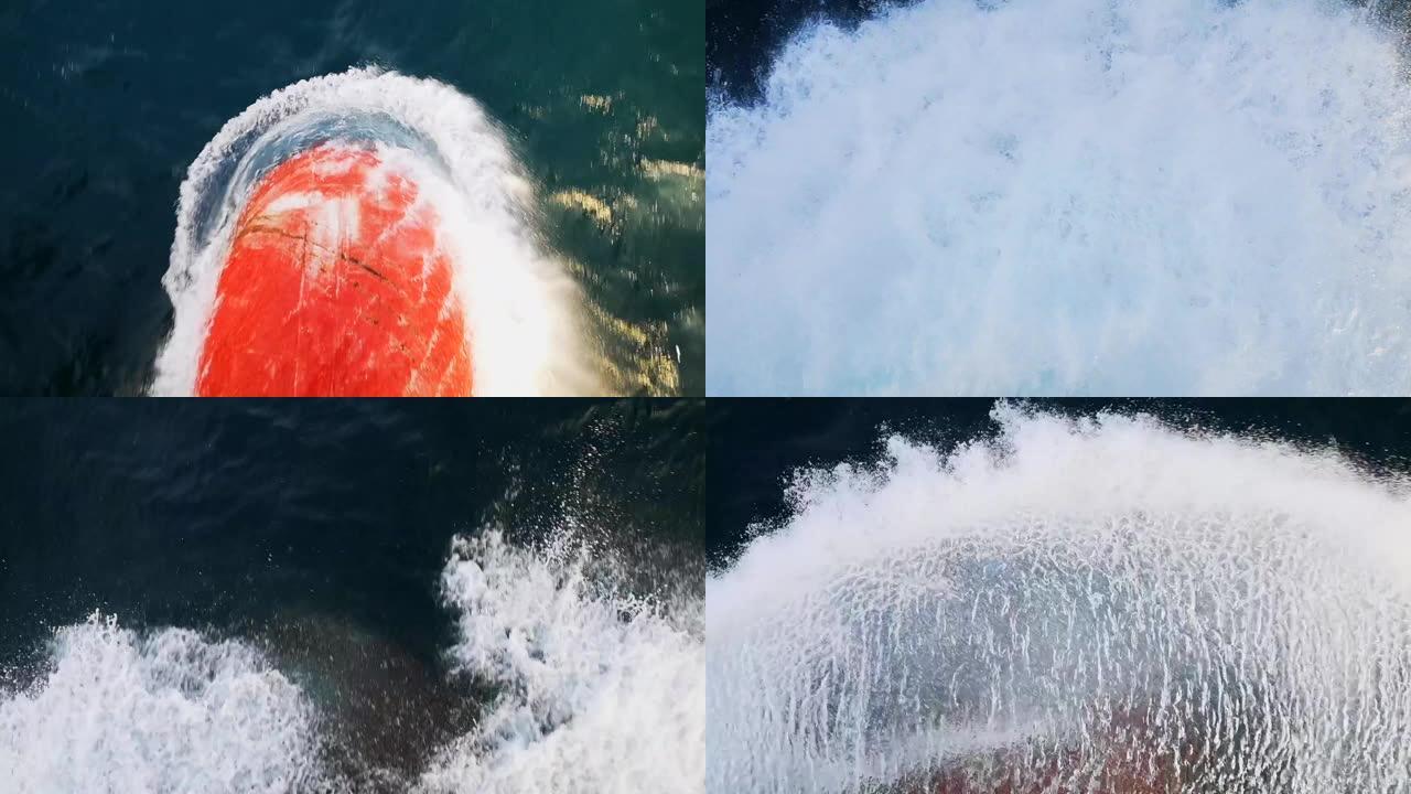 令人印象深刻的特写镜头是一艘大型船首向前移动并切割泡沫状海浪