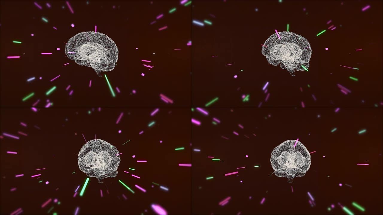 在线性粒子放大的抽象高速隧道中人脑旋转的白色全息图。