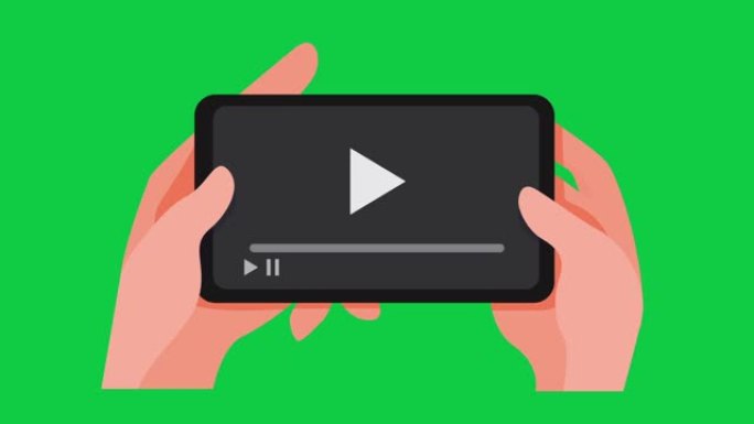 手持智能手机观看带缓冲加载屏幕的流媒体视频，绿色背景适用于运动图形视频