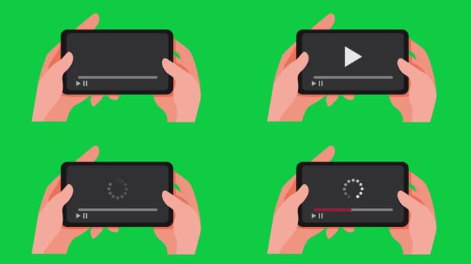 手持智能手机观看带缓冲加载屏幕的流媒体视频，绿色背景适用于运动图形视频