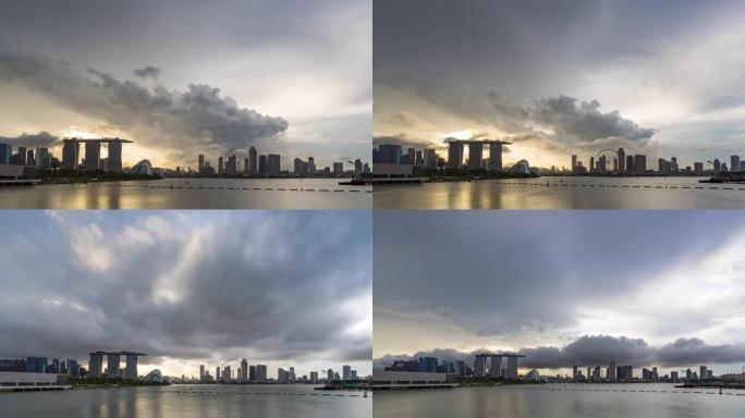 新加坡的天际线，具有戏剧性的天空，延时视频