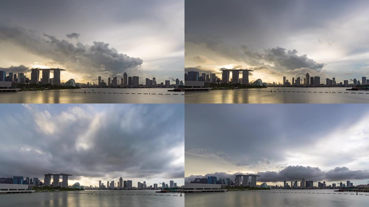新加坡的天际线，具有戏剧性的天空，延时视频
