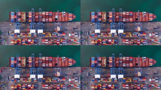 深海港集装箱船装卸，商务物流进出口货运船鸟瞰图，公海集装箱船运输，延时4k。