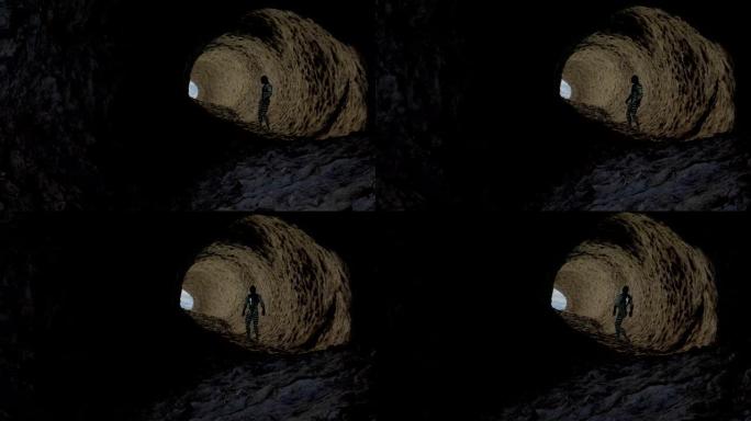 爬行动物类人动物探索洞穴的3d动画