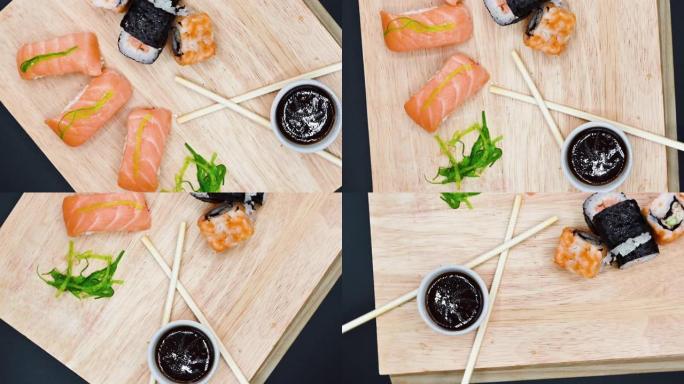 各种日本新鲜寿司的特写。顶视图动态旋转镜头。