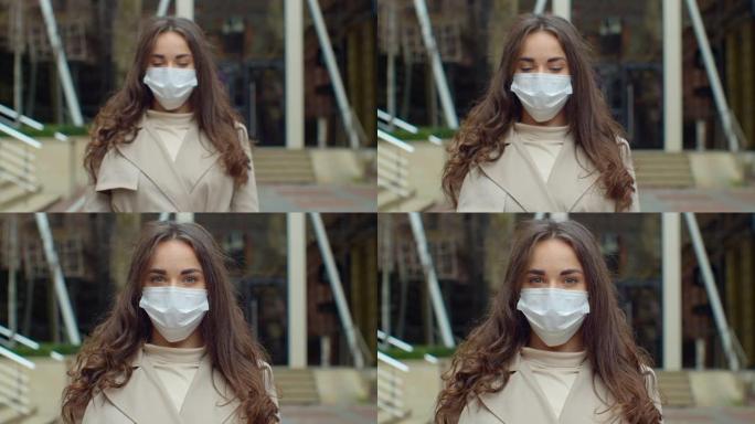 妇女戴上外科口罩预防电晕病毒。