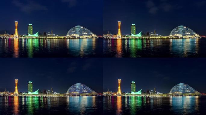 夜间神户港的4k天际线。日本神户的生活之城概念