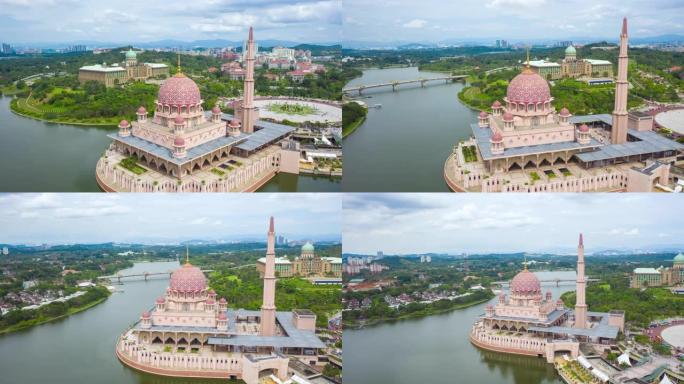 普特拉广场的鸟瞰图4k视频，包括普特拉清真寺和马来西亚佩达纳普特拉普特拉。