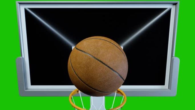 篮球在绿色背景下以慢动作击中篮筐