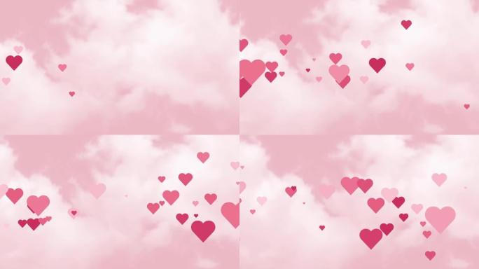 红心的背景。情人节贺卡动画，3月8日，妇女节。粉红色背景下的飞心动画与白云。红心的天空。