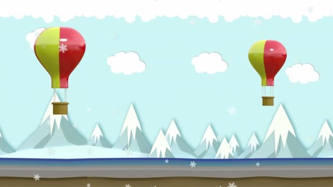 动画的循环，气球漂浮在高山之上，被雪覆盖。