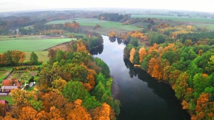 波兰秋天的河流和森林鸟瞰图