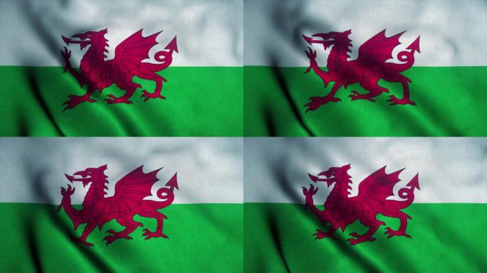 迎风飘扬的威尔士旗。威尔士标志无缝循环动画。4 k