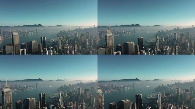 天线。俯视图香港城市全景。无人机拍摄的日出摩天大楼。