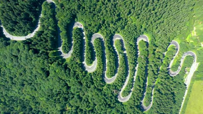 在绿色森林中，与过往的汽车一起飞越蜿蜒曲折的柏油路。空中4k无人机视图