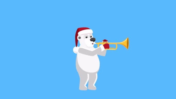 卡通北极熊平圣诞人物音乐播放小号动画。包括亮度哑光