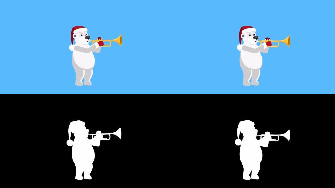 卡通北极熊平圣诞人物音乐播放小号动画。包括亮度哑光