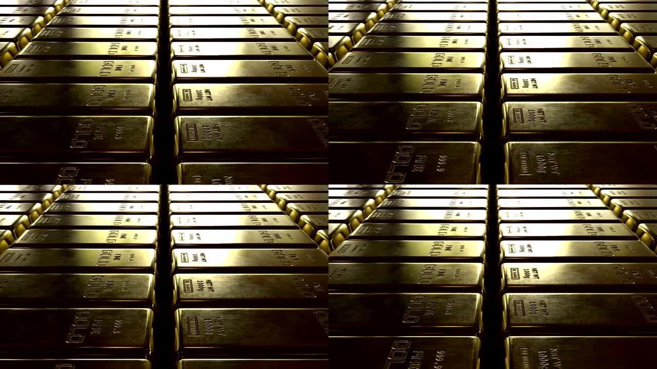 美丽的金条循环3d动画。银行和财富概念。难以想象的财富。精细的细节和光影的玩耍让你看到金条表面的每一