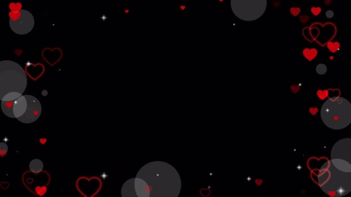 情人节动画红心帧覆盖在视频上。问候爱的心。bokeh的节日边界装饰，闪闪发光，情人节的心。无缝回路