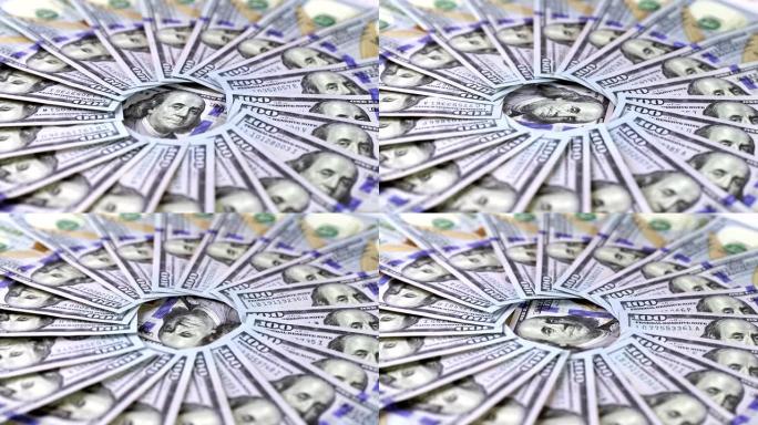 现金100美元旋转的特写镜头，在平铺构图的中心是富兰克林总统的肖像