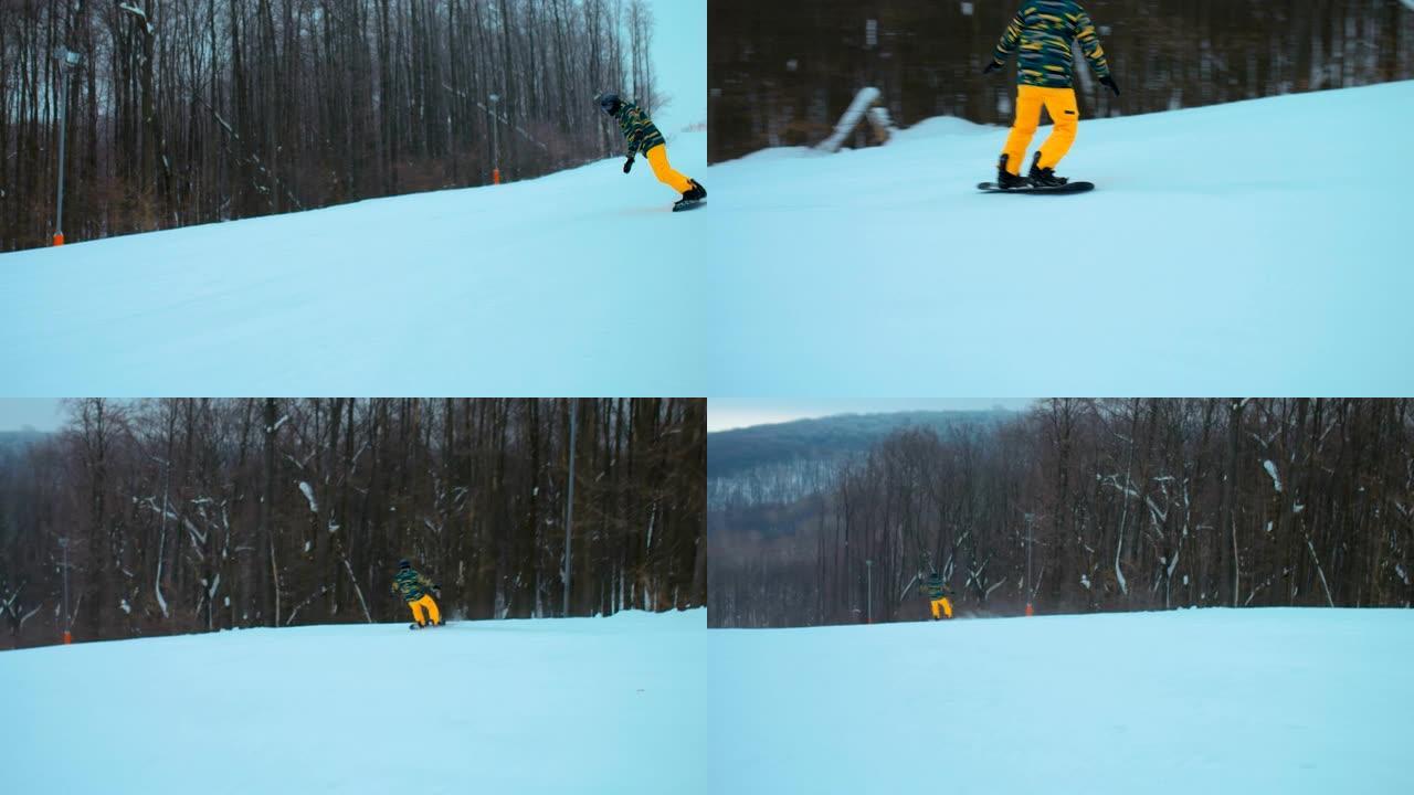 滑雪者从雪坡降落在木板上。专业滑雪者在雪道上骑木板。