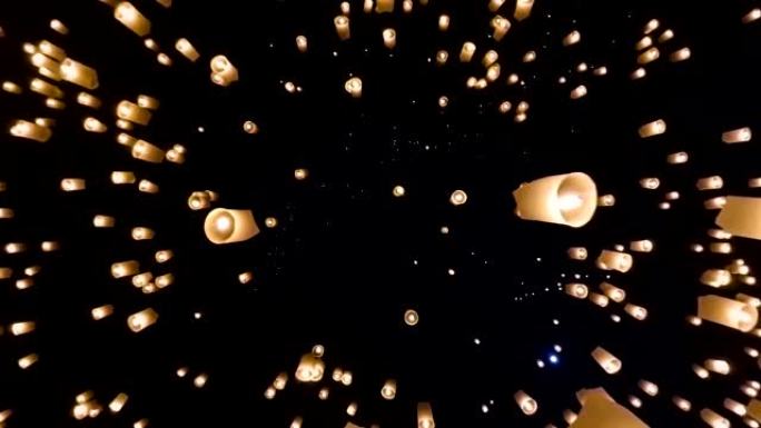在泰国清迈的颐蓬兰纳节上，许多天火灯笼飘向天空