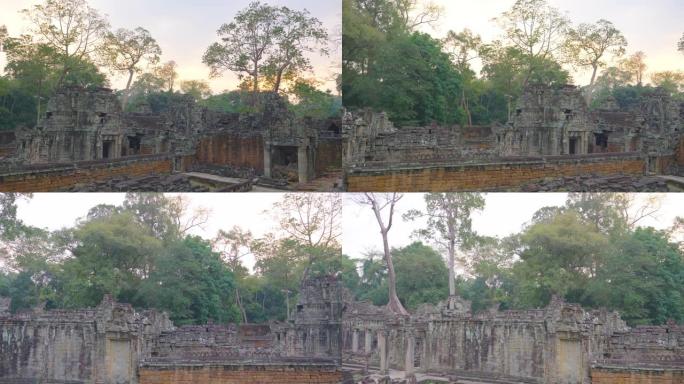 柬埔寨暹粒普雷汗寺吴哥窟建筑群拆除石材建筑的景观。一个受欢迎的旅游景点坐落在雨林中。