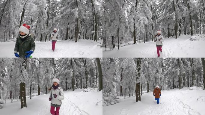 在美丽的冬季森林中，三个戴着圣诞老人帽子的孩子在雪地里奔跑