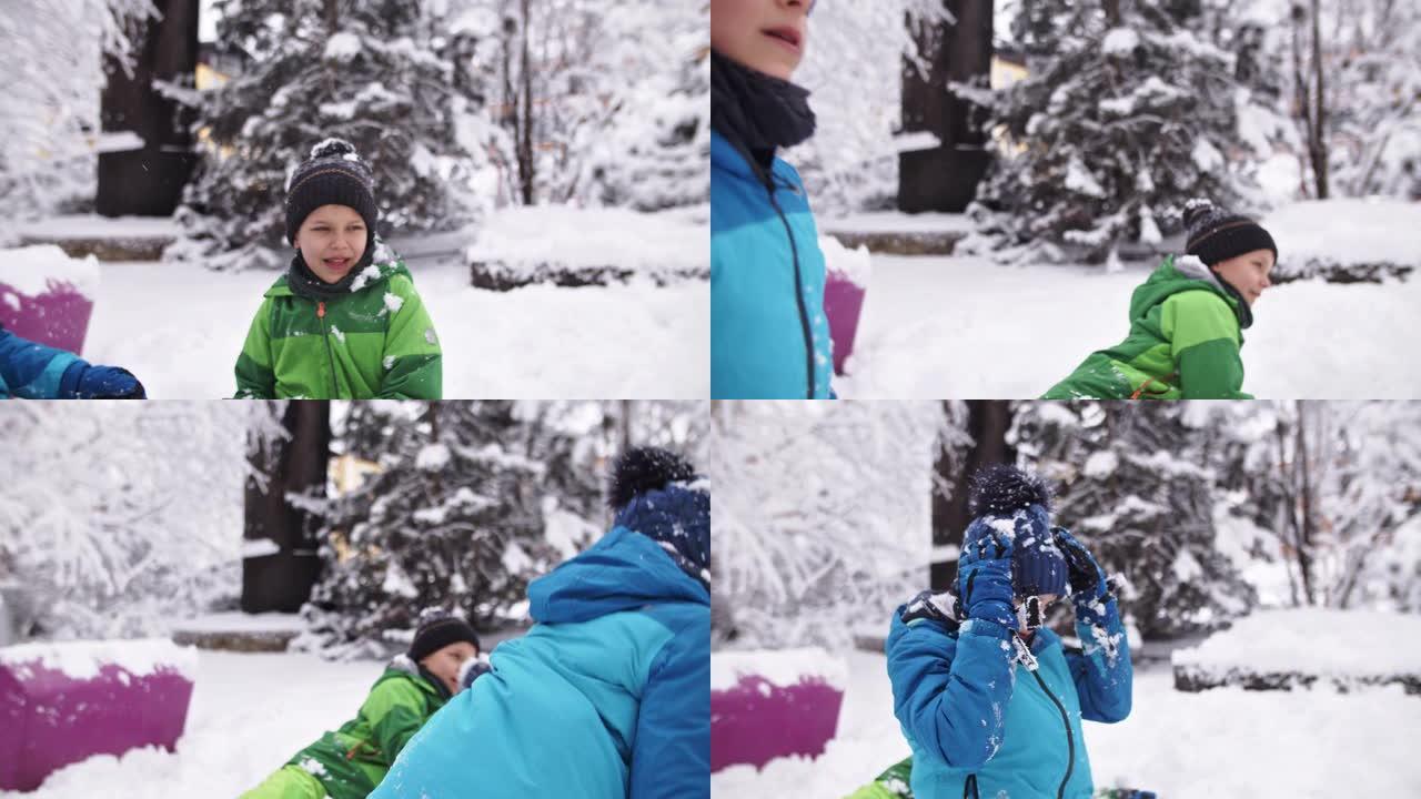 两个男孩打雪仗雪地里的儿童国外下雪