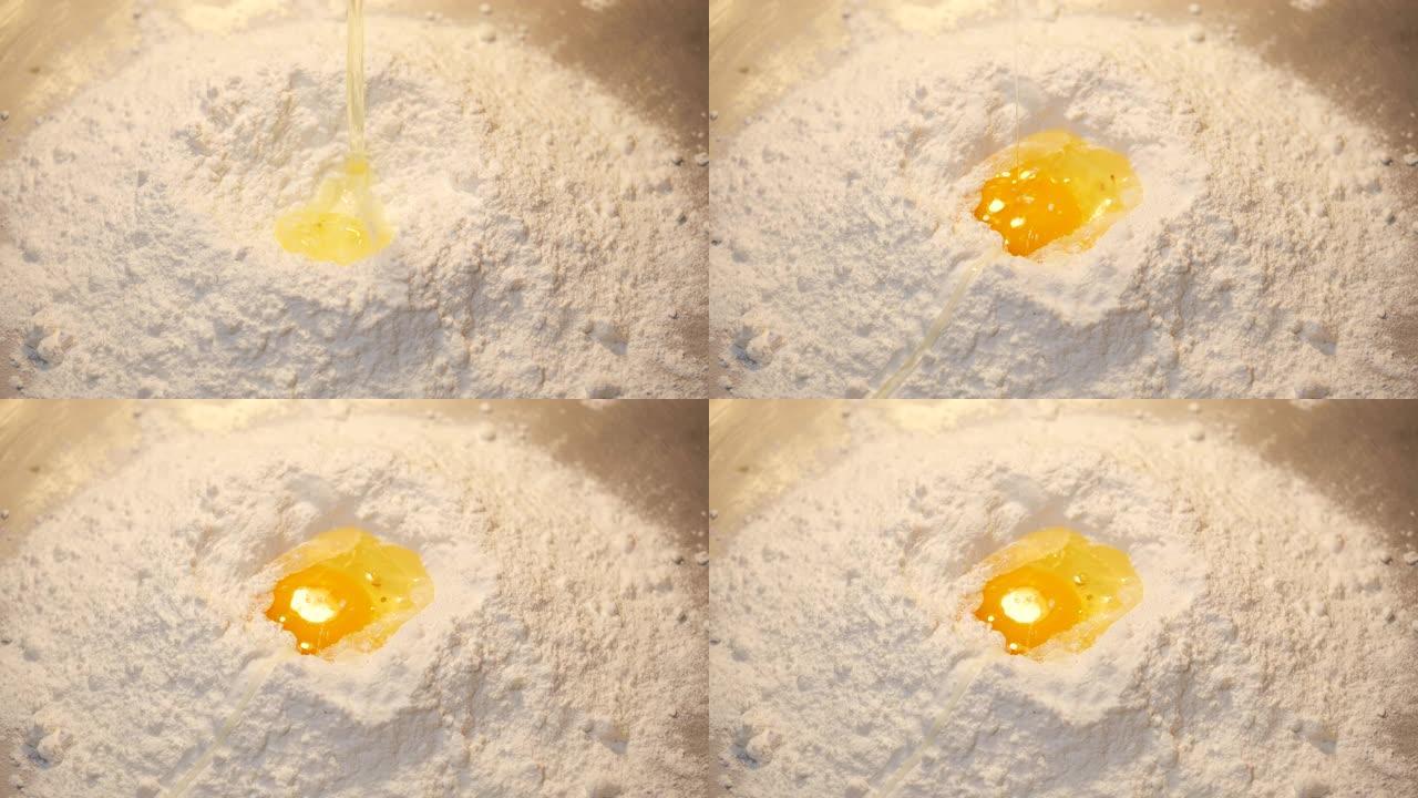 鸡蛋以4k分辨率落入面粉中