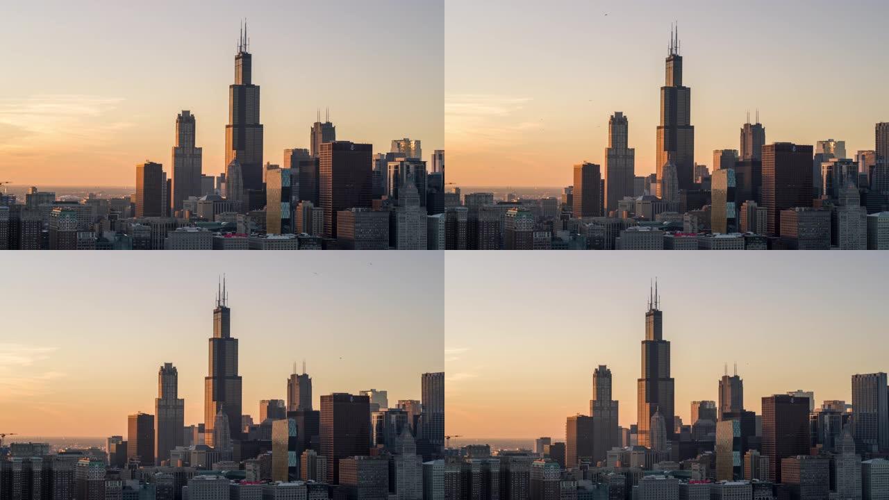 日落时芝加哥城市景观的空中拍摄