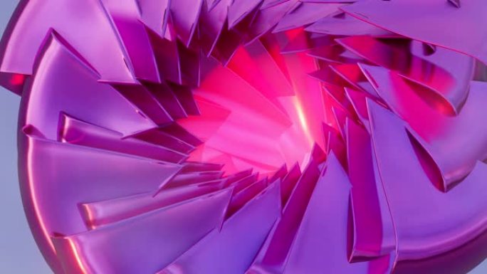运动环粉色花朵由金属抽象制成，具有明亮发光的核心，几何图案。逼真的3D渲染。