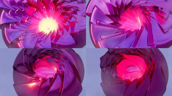 运动环粉色花朵由金属抽象制成，具有明亮发光的核心，几何图案。逼真的3D渲染。