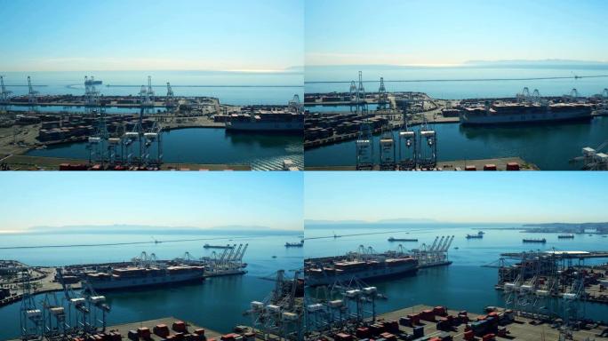 船厂空中v22在大型商业船厂上空低空飞行，并欣赏码头景色。