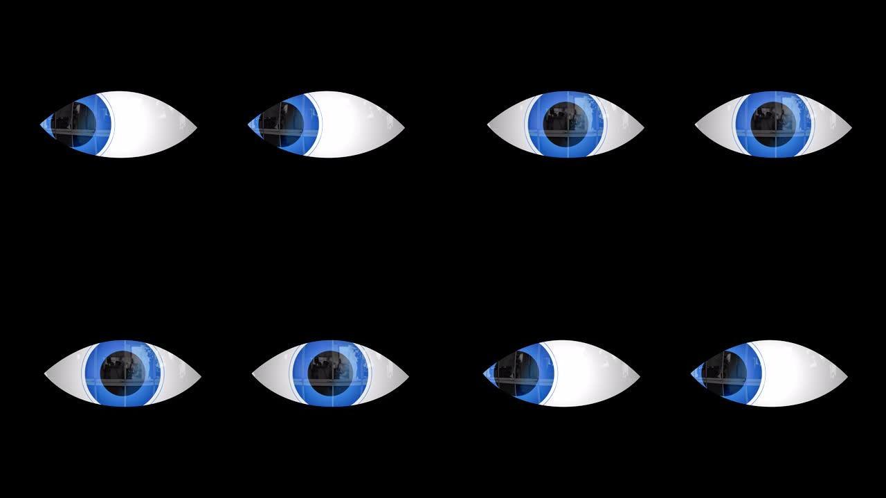眼睛的动画。蓝色的瞳孔反射光线。阿尔法频道。60 FPS。